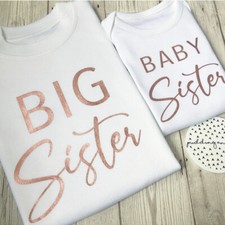 Big Sister Little Sister Baby Vest Gift Bodysuit Grow T-shirt Siblings Rose Gold