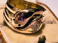 Antique Hallmarked 9ct Solid Gold Double Headed Snake Diamond Ring size Q 1899