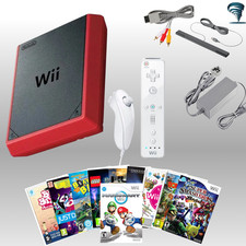 Wii Mini Red Nintendo With 1 Remote and 1 Nunchuk Cables 10 Games Refurbished