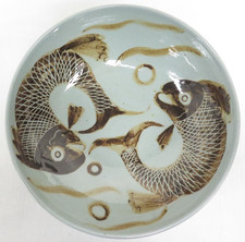 Studio Red Stoneware Bowl Decorated in Duck Egg Blue with Iron Oxide Slip Fish