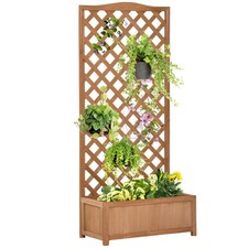Outsunny Garden Wooden Planter Box with Trellis Flower Raised Bed Brown