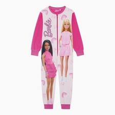 Girls Barbie 1Onesie One Piece Fleece Pyjamas Pink 3-10 Yrs Loungewear Sleepsuit