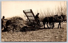 Vintage Horse-Drawn Farm Equipment~Farmer Pitchforks Hay~1910 RPPC