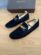 Gucci   Mens Black Suede Leather Bamboo Horsebit Loafers Web Shoe Uk 9
