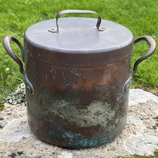 5L ANTIQUE COPPER COOKING POT~large CAMPFIRE CAULDRON~LIDDED TWO HANDLED~Vintage