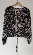 Studio Floral Bird Print Blouse Black Long Sleeve Tie Hem Lightweight, Size 8