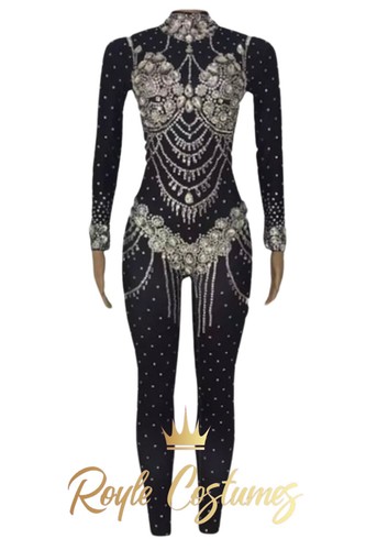 Black lycra rhinestone catsuit - black,