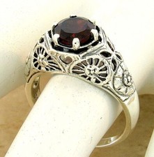 GENUINE GARNET SOLITAIRE 925 STERLING SILVER ANTIQUE STYLE FILIGREE RING   #1106