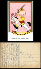 A Little Boy at Play Riding Rocking Horse with Flags & Wooden Sword Old Postcard