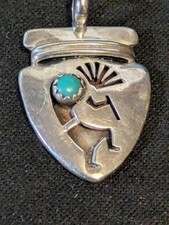 Sterling Silver Native American Kopopelli  Turquoise Stone Arrowhead Pendant