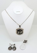 Vintage 1950s Siam Sterling Silver Enamel Pendant Ring & Earrings