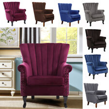 Velvet/Fabric Armchair Oyster Wing Back Occasional Accent Chair Studded Wood Leg