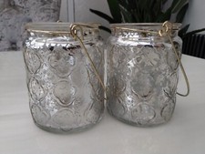 PAIR SILVER MERCURY GLASS CANDLE TEA LIGHT HOLDERS JAM JAR STYLE GOLD HANDLE 