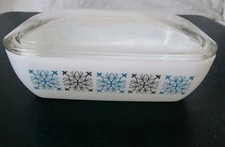 Vintage original JAJ Pyrex blue and black Chelsea pattern butter dish with lid.