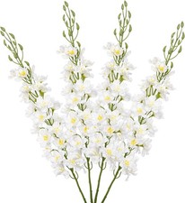 DILATATA 37'' White Delphinium Artificial Flowers Larkspur 4Pcs, New 