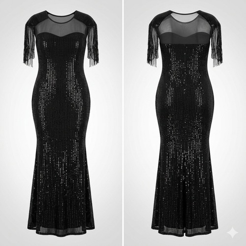 Sequin dress black fringe - 14,