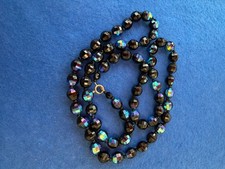 Vintage Aurora Borealis faceted French Jet black glass beads end to end 30 inch