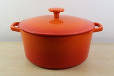 Vintage Casserole Dish with Lid Cast Iron Enamel Volcanic Orange 10" Diameter VG