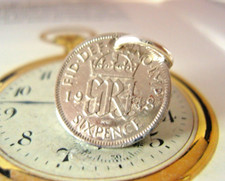 1948 Pocket Watch Chain Coin Fob Vintage Silver Sixpence Lucky English Old 6d