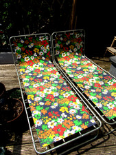 vintage pair of blue floral bright cotton sun loungers garden beach camper 60s