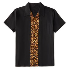 Mens Rockabilly Shirt Leopard Print Retro Cotton Short Sleeve Bowling Shirt