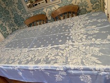 VINTAGE blue DAMASK floral TABLECLOTH 70” x 54” beautiful quality 