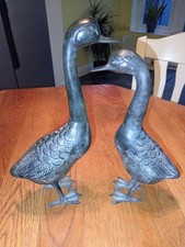 Pair of Rare Large Antique Hollow Bronze Geese /ducks Beautiful Patina Verdigre