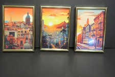 SET OF 3 GOLD FRAMED PRINTS OF PAINTINGS OF CITIES - 15.5 x 10.5cms (P3701)