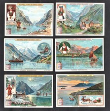 Norwegian Fjords Cards Set Liebig 1904 Norway Fiord Geography Boats Costumes Ski
