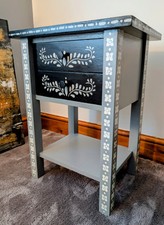 Chic Grey & White Bedside Table, Silver Accents, 2 Drawers, Upcycled Display