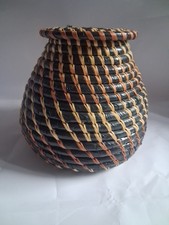 *HAND WOVEN * coiled Small Black Brown Lidded Basket