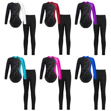 Girls Sparkle Gymnastics Leotard with Leggings Set Ballet Dance Skating Outfits