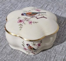 Vintage Royal Worcester Palissy Jewellery Trinket Box Birds Gold Trim Scalloped