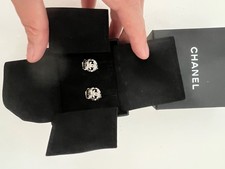 Chanel CC logo onnyx silver tone studded earrings 15B