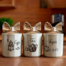 Tea Coffee Sugar Jar Black Chrome Bow Storage Set Ceramic Air Tight Canisters UK