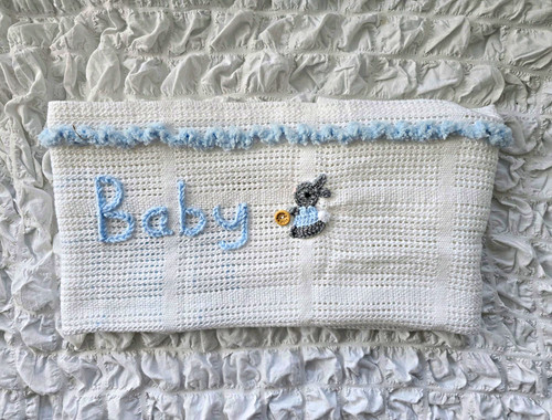 White cotton baby blanket - , blue