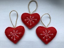 Three Handmade Felt Scandinavian Style Christmas Tree Decorations Hearts Red