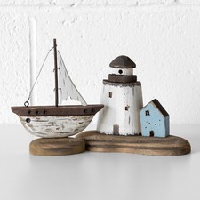 Set of 2 Small Wooden Nautical Ornaments Sailing Boat Lighthouse Cottage Decor