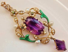 Fine Antique Suffragette 9ct Gold Enamel Amethyst Peridot & Pearl Pendant c1910 