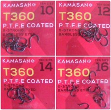 Kamasan T360 Eyed Barbless Circle Fishing Hooks - Size 10, 12, 14, 16