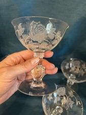 GORGEOUS ✨Heisey Etched Roses Crystal Champagne Coupes -Rose Bud On Stem • 4