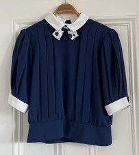 Simon Ellis - Dallas Southfork Vintage Blue & White Blouse Top - Collar & Bow