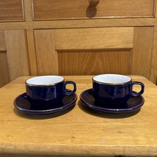 Set of 2 Martell Cognac Blue Apilco Espresso Coffee Cups and Saucers 