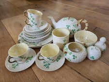  Belleek Ireland Shamrock Tea Set Woven Porcelain Teapot,Cups,Saucers&More