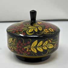 Black Russian Lacquer Round Trinket Box Hand Painted Floral Accents Ussr Vintage