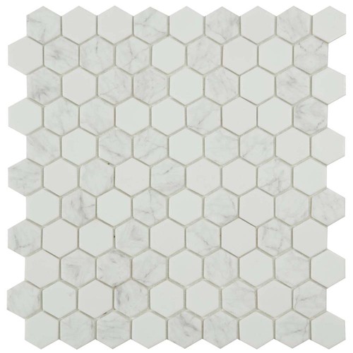 White hexagon mosaic tile - white,