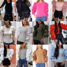 Womens Ladies Shoulder Detail Puff Sleeve Fine Knitted Jumper Sweater Top Shirt