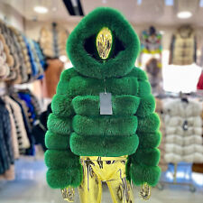 Women Real Fox Fur Short Coat Natural Fur Removable Hood Sleeves Outwear Jackets