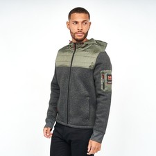 Mens Crosshatch Hooded Fleece Jacket Padded Zip Up Green Grey Windbreaker Size M