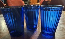 6 X Vintage IKEA 'Vardagen' Cobalt Blue Ribbed Tumblers Drinking Glasses